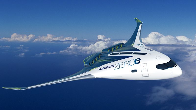 Grafische Darstellung des Airbus Wasserstoff-Flugzeugs.